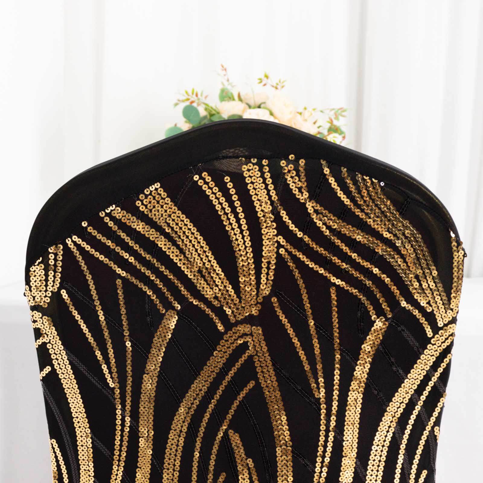 Spandex Chair Cover with Wave Embroidered Sequins for Banquet Chairs Black/Gold - Glittering Stretch Fitted Slipcover