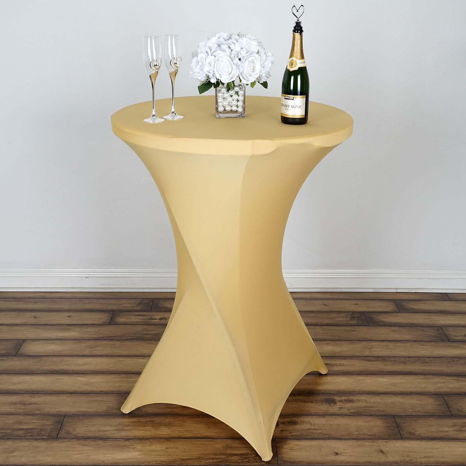Spandex 24"-32" Round Cocktail Table Cover Champagne - Easy to Maintain Stretch Fitted Highboy Tablecloth