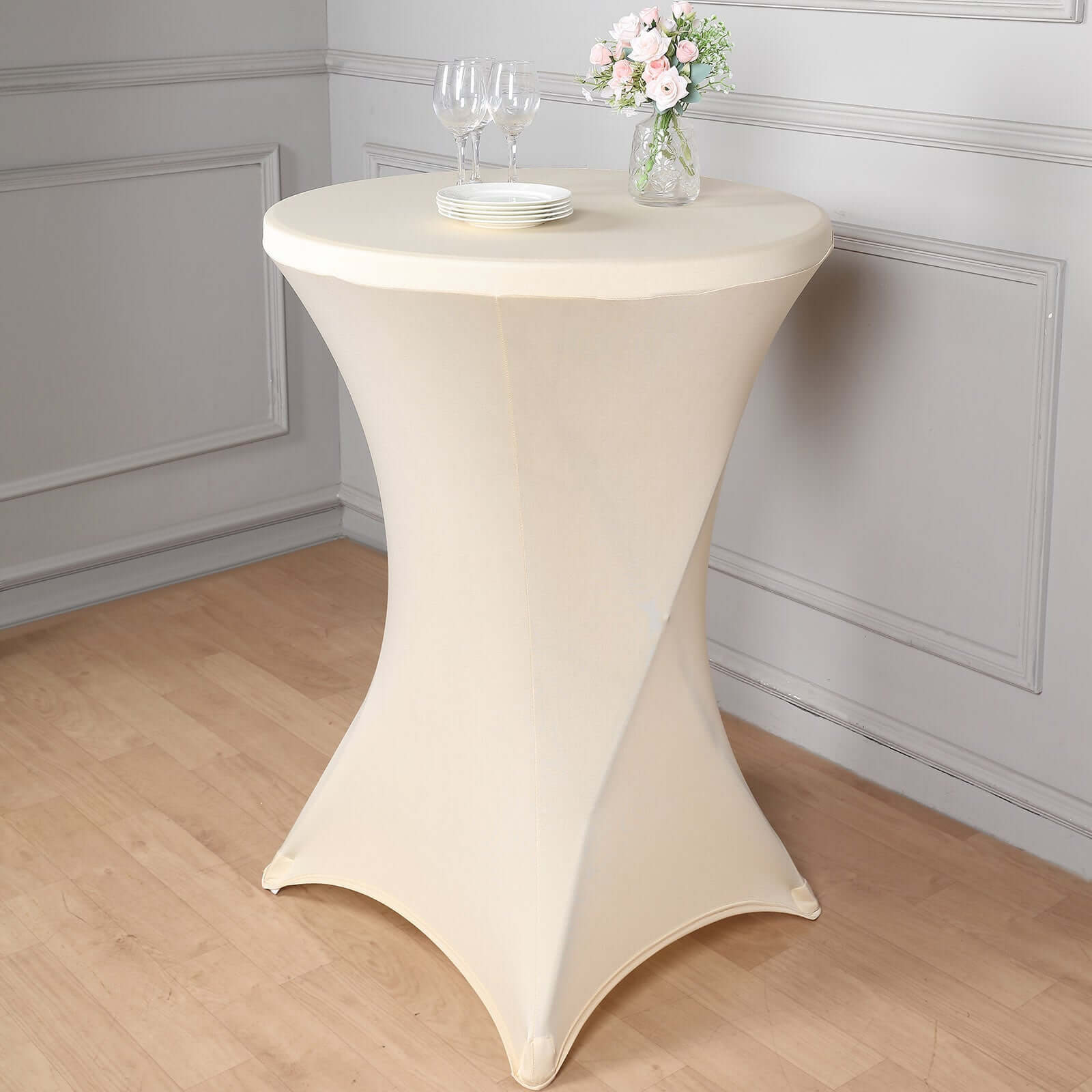 Spandex 24"-32" Round Cocktail Table Cover Beige - Easy to Maintain Stretch Fitted Highboy Tablecloth