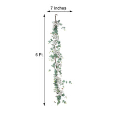 5ft Green Artificial Eucalyptus Leaf, White Cotton Ball Garland Vine