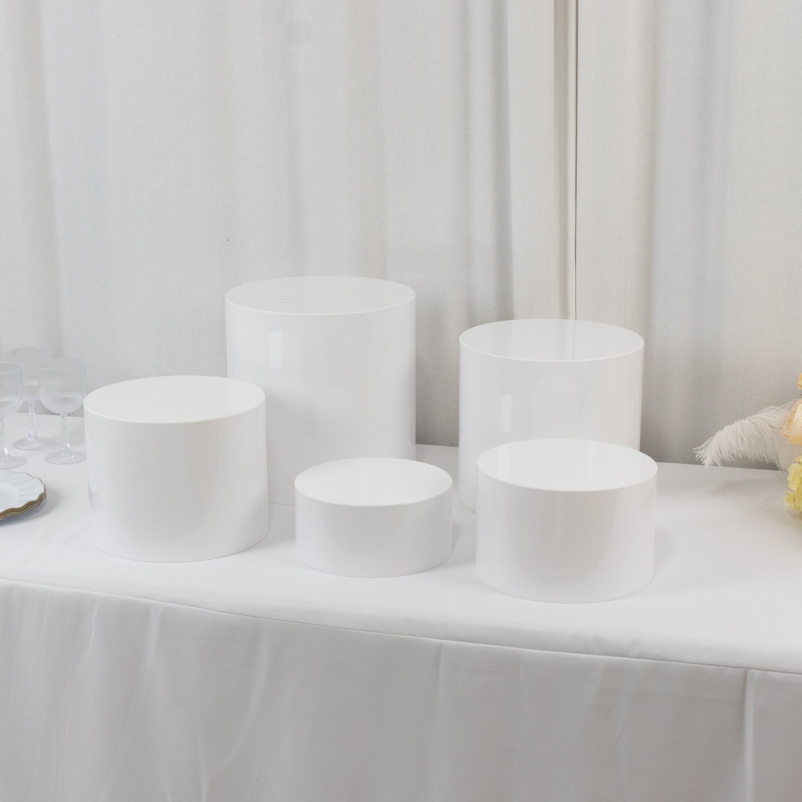 Set of 5 Acrylic Cake Stands Cylinder Design Round White - Display Risers for Events 4", 6", 8", 10", 12"