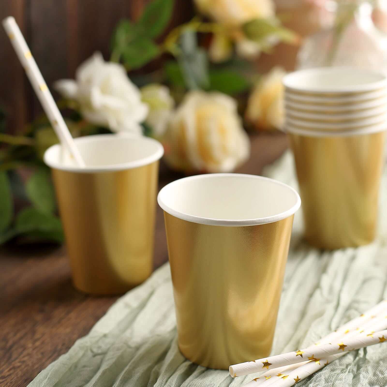 24-Pack Paper Cups in Metallic Gold - Stylish Disposable Party Cups for Hot & Cold Beverages 9oz