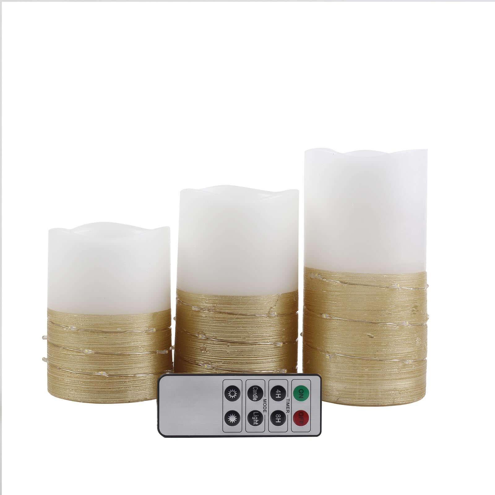 Set of 3 LED Flameless Pillar Candles Wrapped with Fairy String Lights Gold - Remote Operated 4", 5", 6"