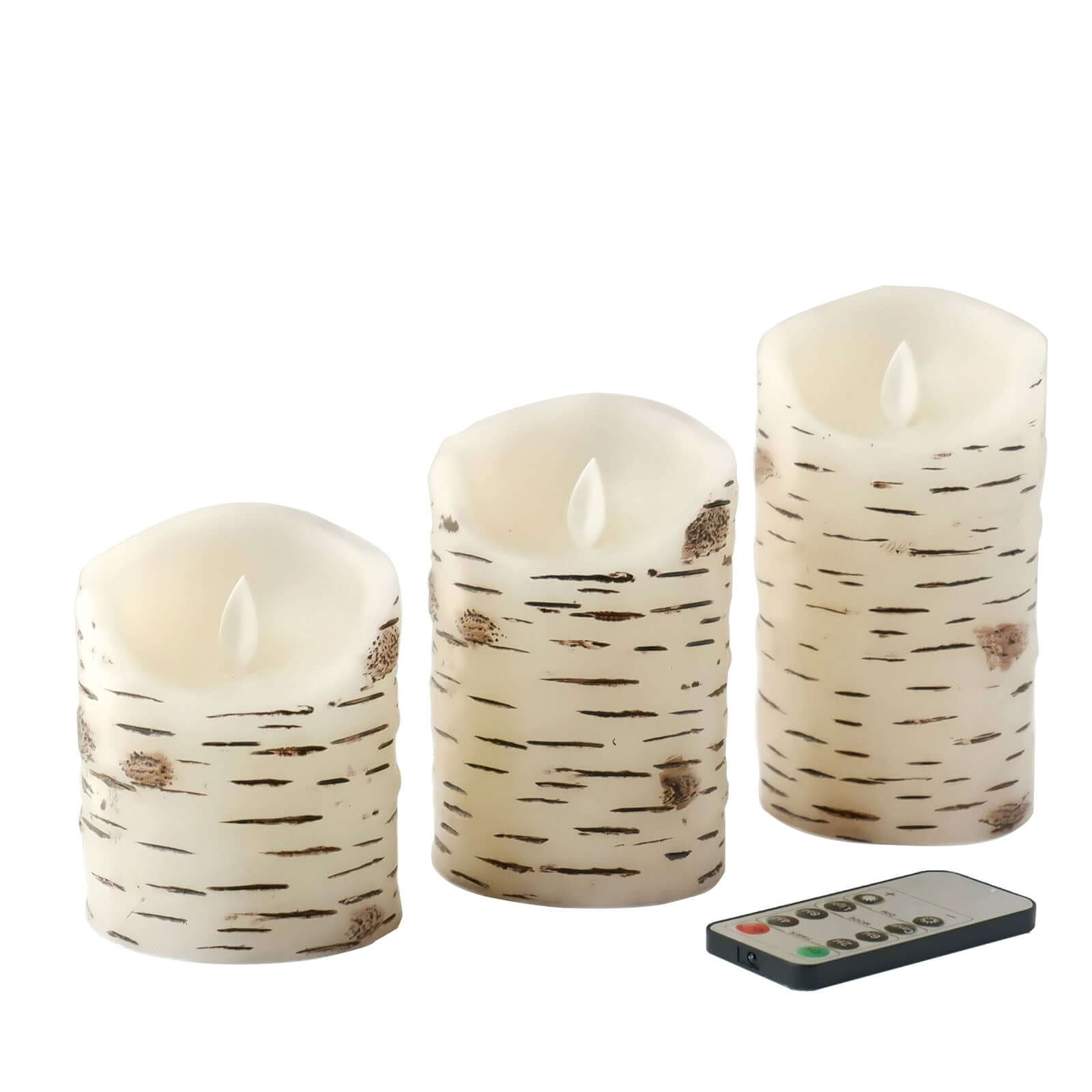 Set of 3 LED Flameless Pillar Candles Burnt Birch Bark Design Warm White - Battery Operated with Remote