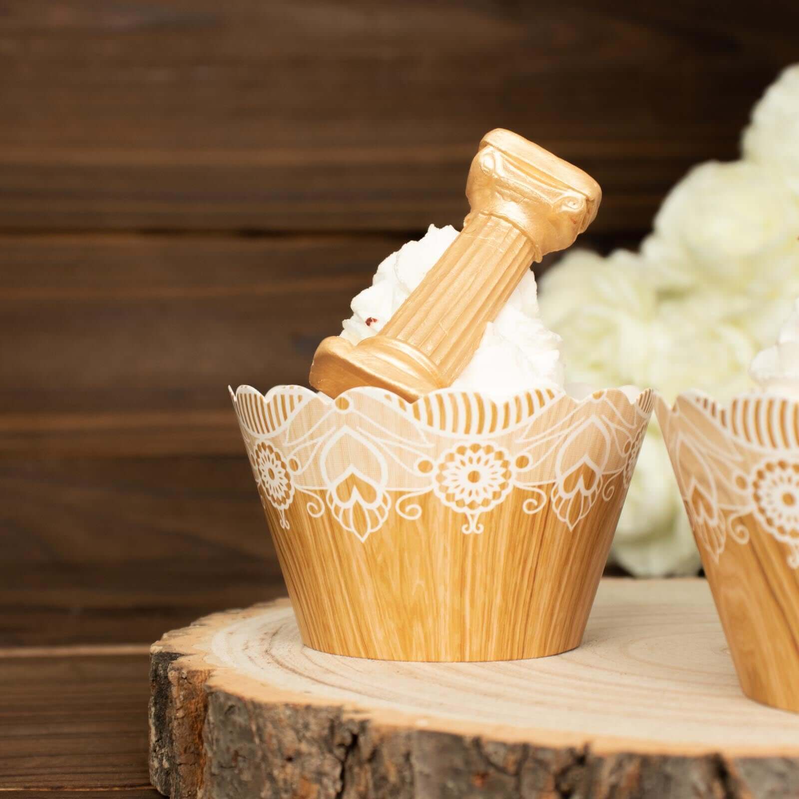 25-Pack Paper Cupcake Wrappers Wood Grain and Lace Print Design Natural - Boho Muffin Baking Cup Wraps