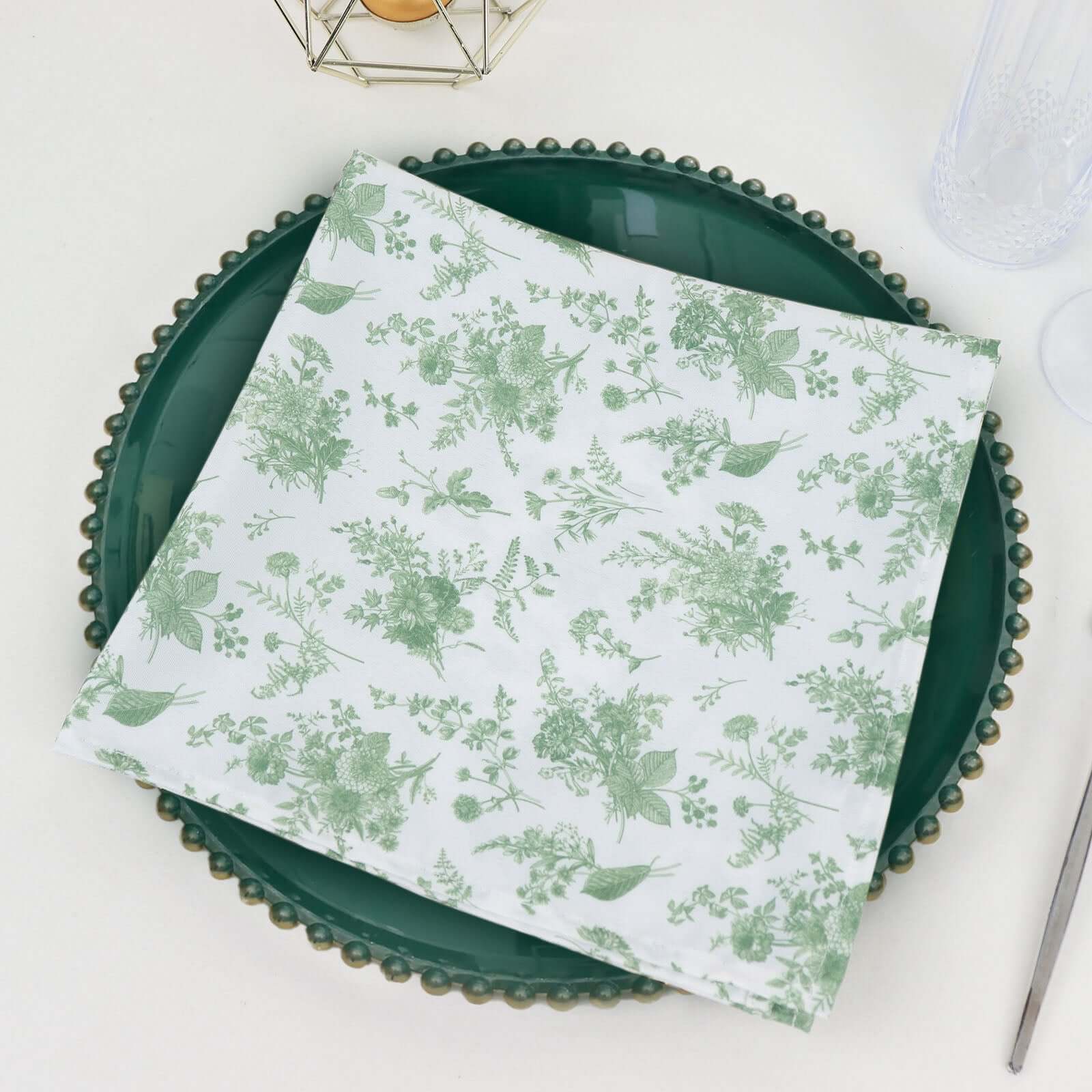 5 Pack Polyester 20"x20" Napkins Dusty Sage Green French Toile Pattern - Stylish Floral Dinner Napkins for Weddings, Events & Parties