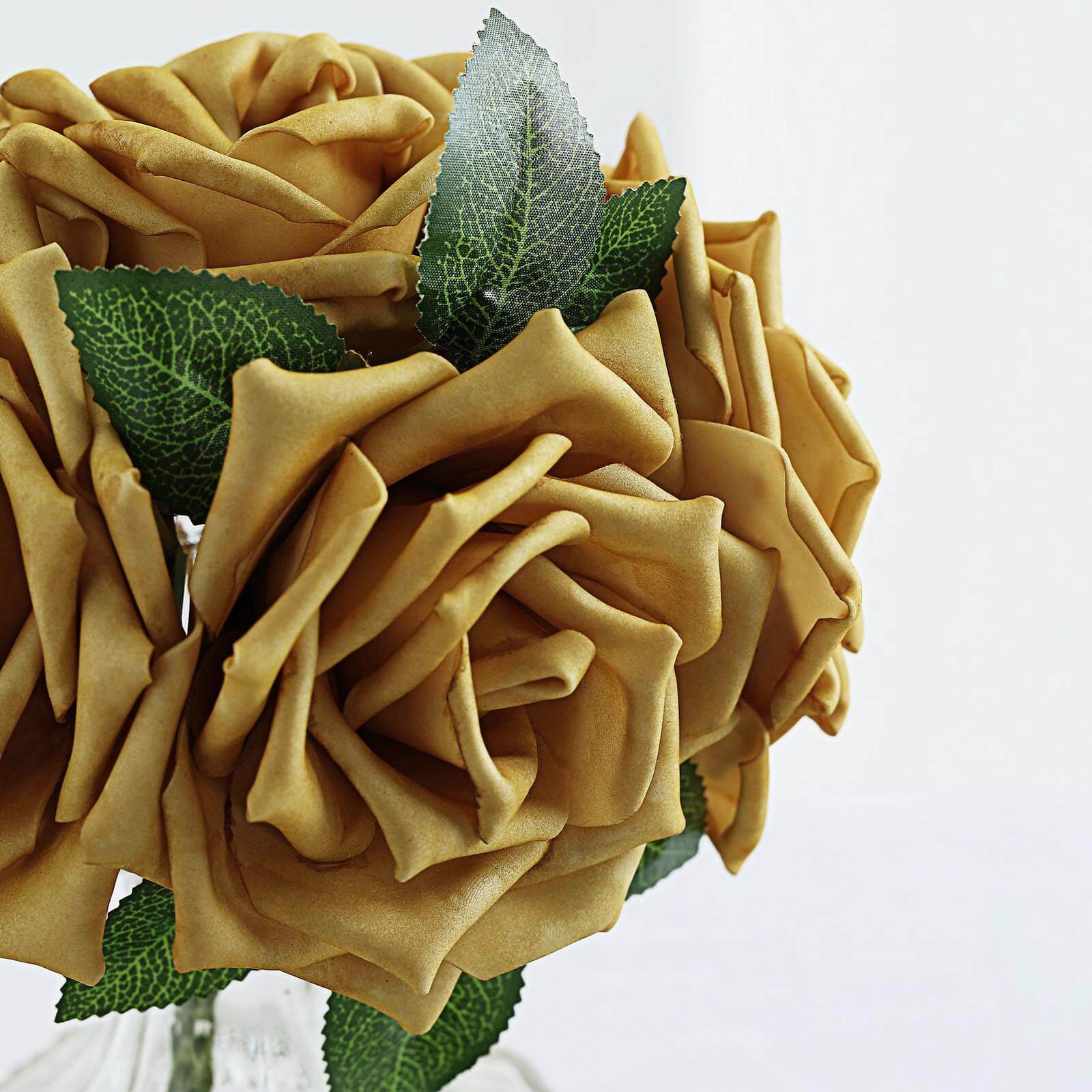 24 Roses 5" Gold Artificial Foam Flowers With Stem Wire and Leaves
