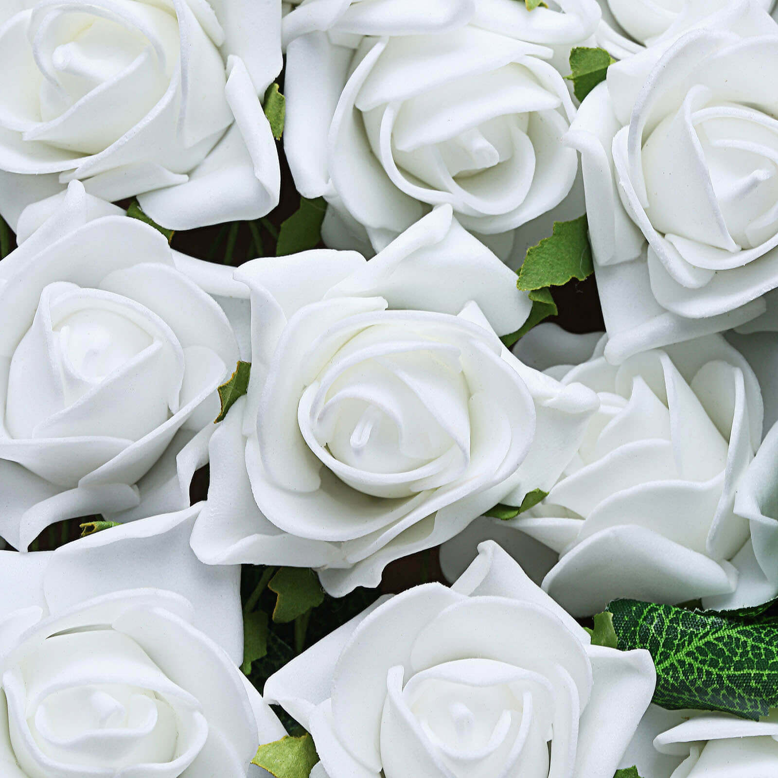 24 Roses 2" White Artificial Foam Flowers With Stem Wire and Leaves