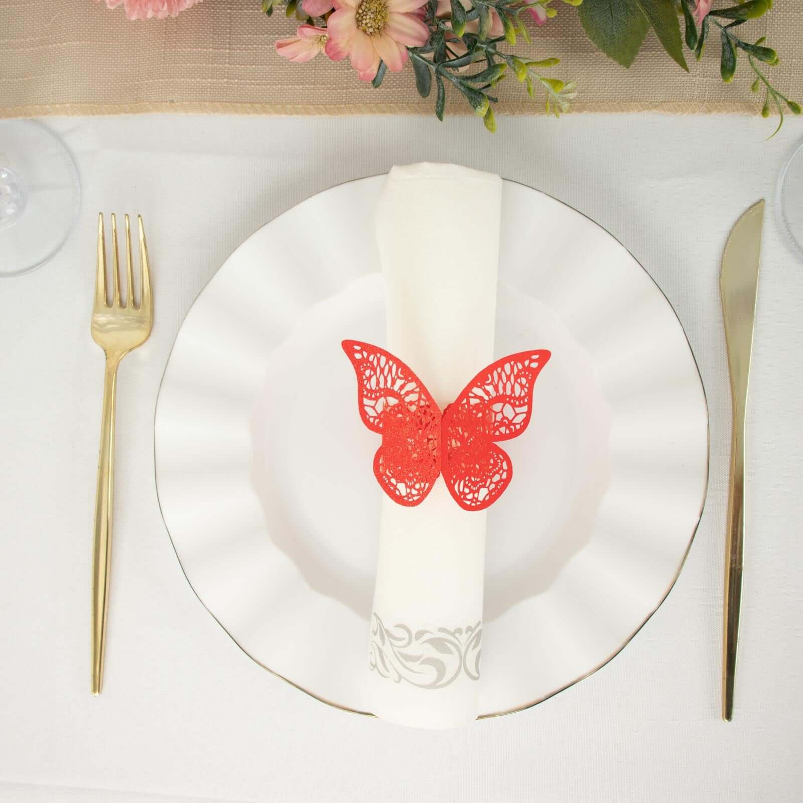 12-Pack Paper Napkin Rings Laser Cut Butterfly Red Shimmery - Decorative Serviette Holders