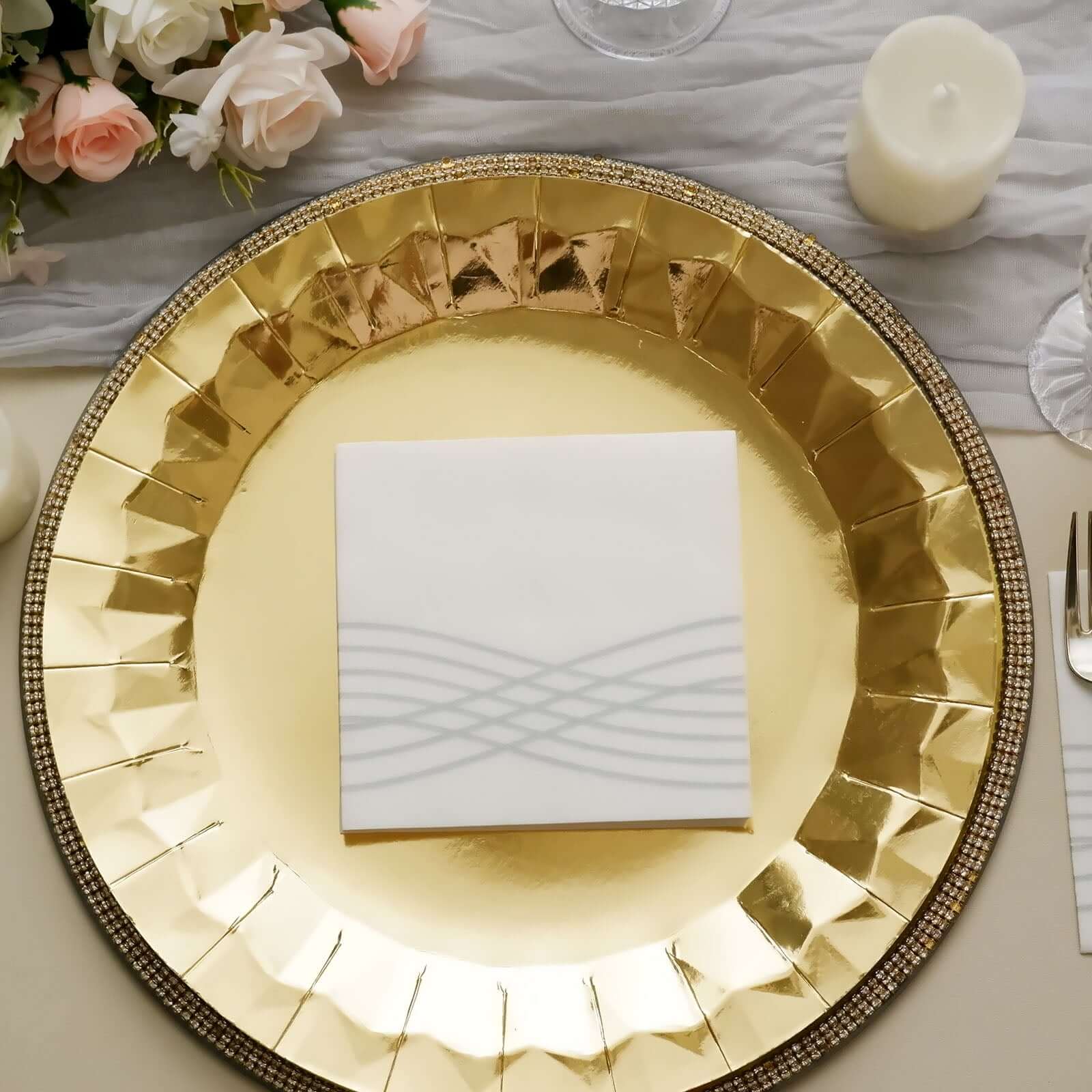20 Pack Linen-Like Paper 5"x5" Napkins White - Silver Foil Wave Design Airlaid Cocktail Napkins