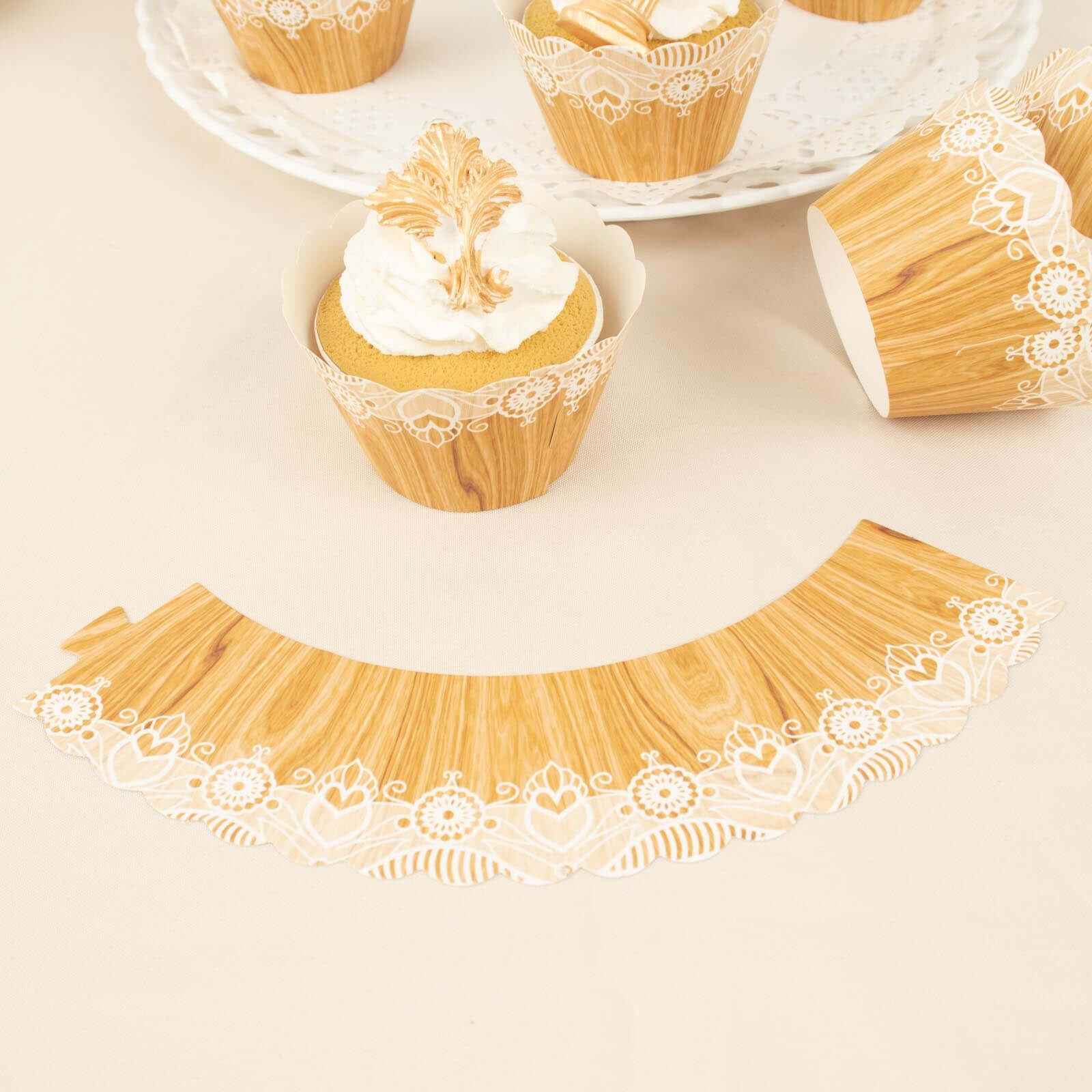 25-Pack Paper Cupcake Wrappers Wood Grain and Lace Print Design Natural - Boho Muffin Baking Cup Wraps