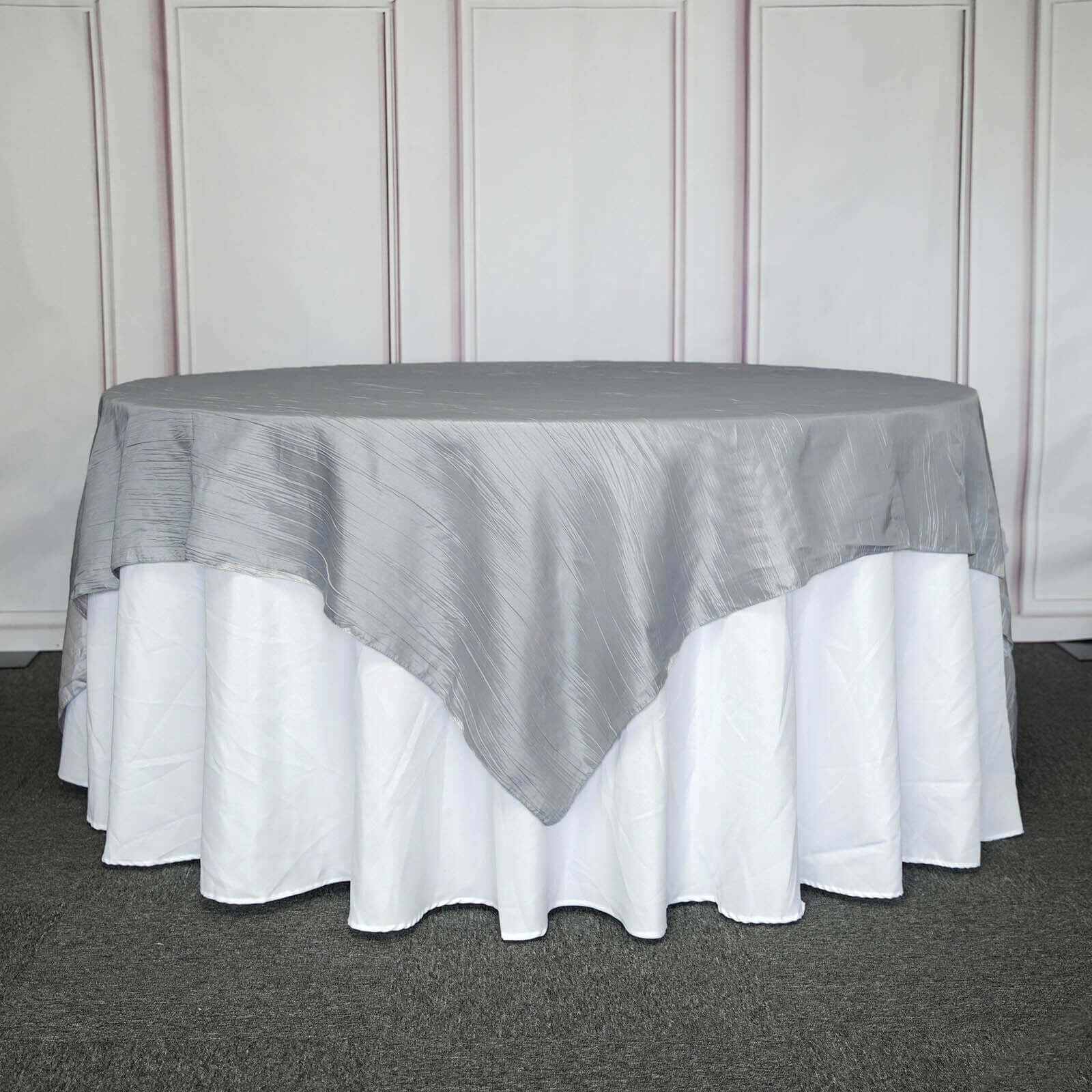 Taffeta 90"x90" Table Overlay Square Tablecloth Silver - Accordion Crinkle Table Cover