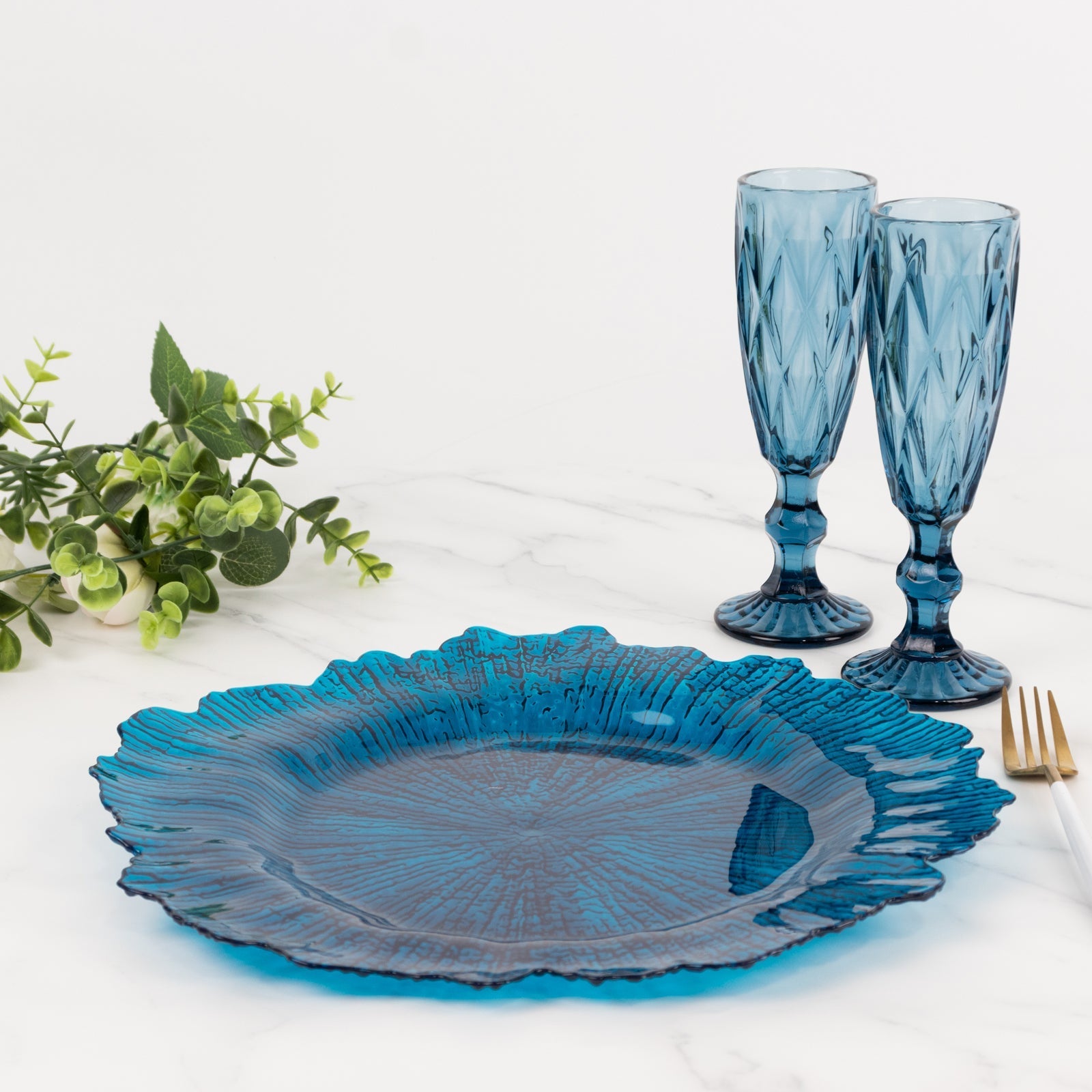 6-Pack Acrylic Plastic Round Charger Plates 13" in Transparent Navy Blue with Reef Design, Dinner Charger Tableware
