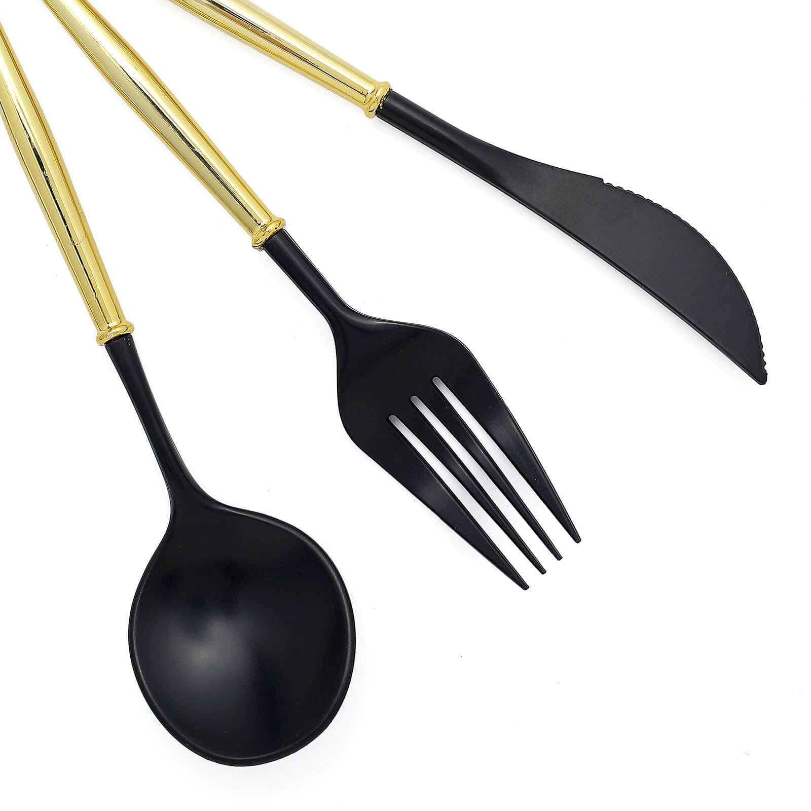 24-Pack Plastic Flatware Set in Black with Gold Handle - Heavy Duty Disposable Modern Silverware 8"
