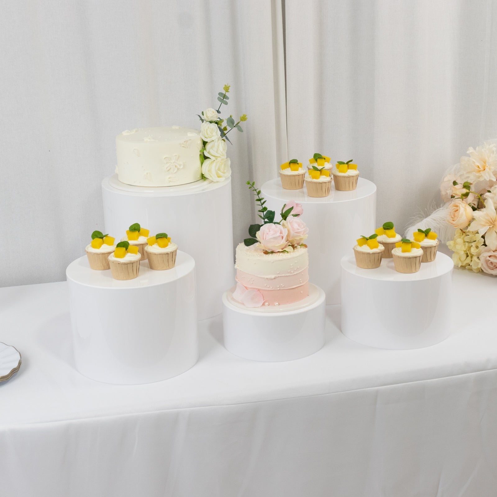 Set of 5 Acrylic Cake Stands Cylinder Design Round White - Display Risers for Events 4", 6", 8", 10", 12"