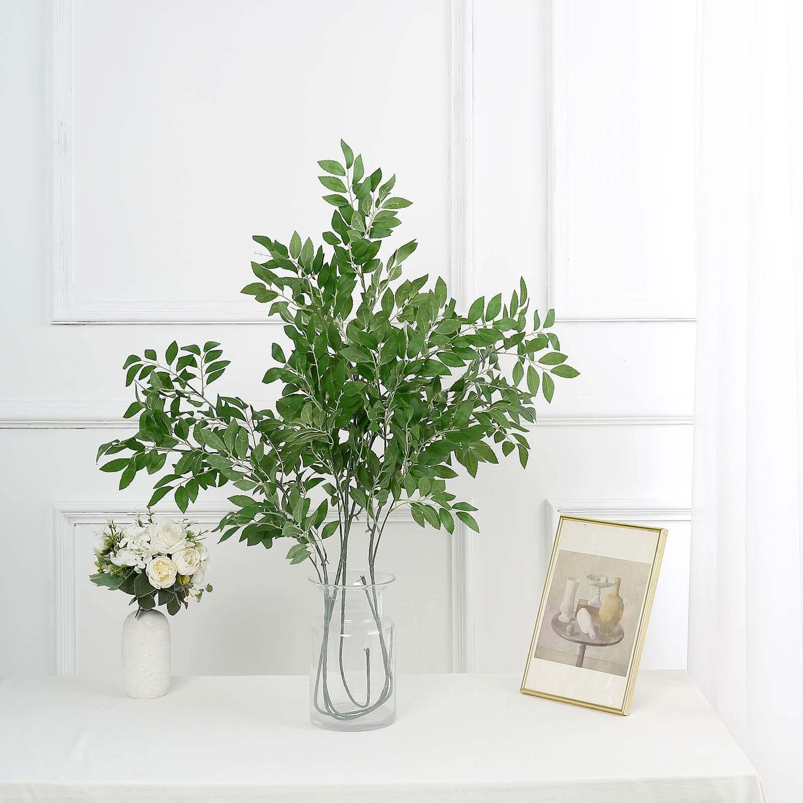 2 Bushes 42" Tall Light Green Artificial Silk Beech Leaf Branches, Faux Plant Stem Vase Fillers