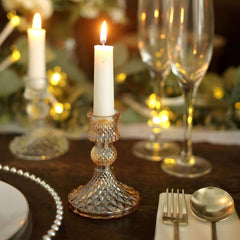 6-Pack Glass Taper Candlestick Holders Diamond Pattern Design Amber Gold - Reversible Crystal Pillar Votive Stands 4"