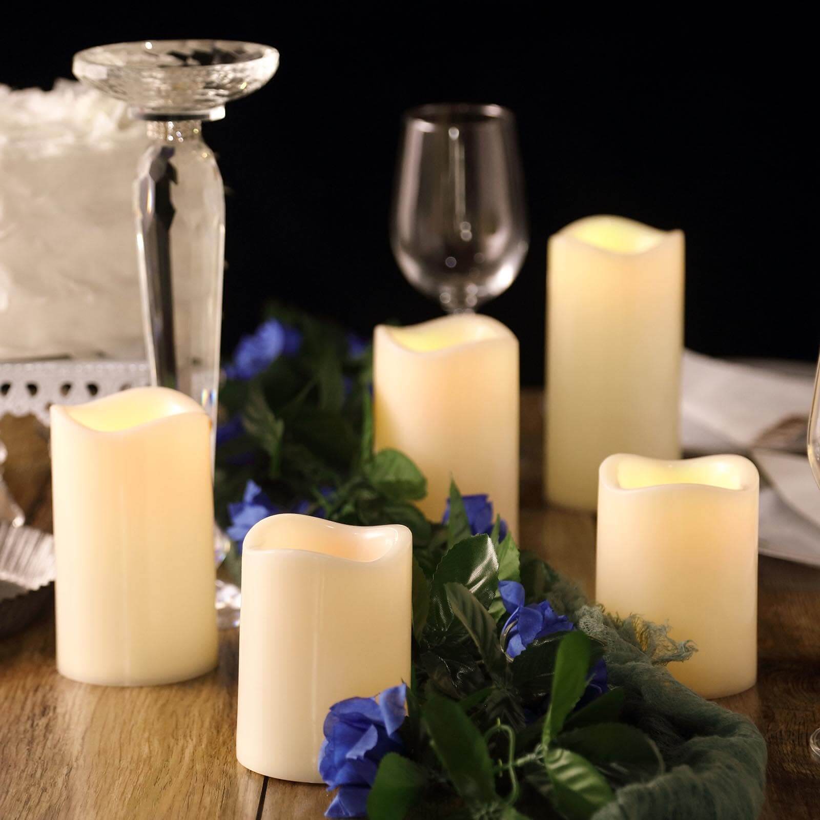 Set of 5 LED Flickering Pillar Candles Color Changing Ivory with Remote - Battery Operated 4", 5", 6"