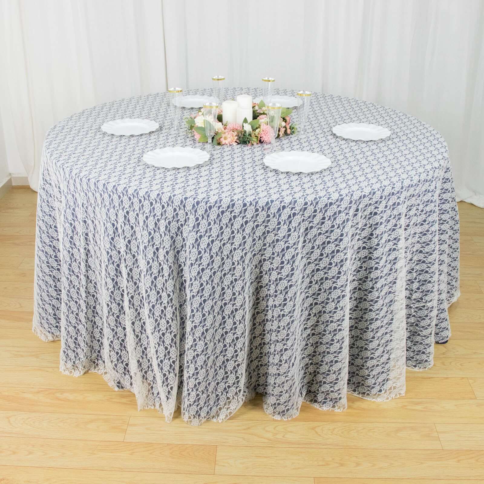 120" Ivory Round Seamless Polyester Floral Lace Tablecloth for 5 Foot Table With Floor-Length Drop