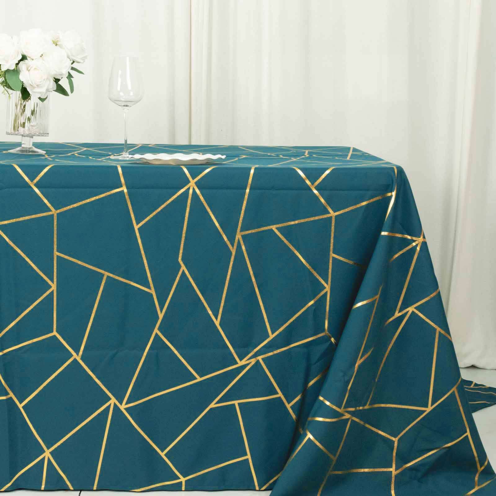 90"x132" Peacock Teal Seamless Rectangle Polyester Tablecloth With Gold Foil Geometric Pattern for 6 Foot Table With Floor-Length Drop