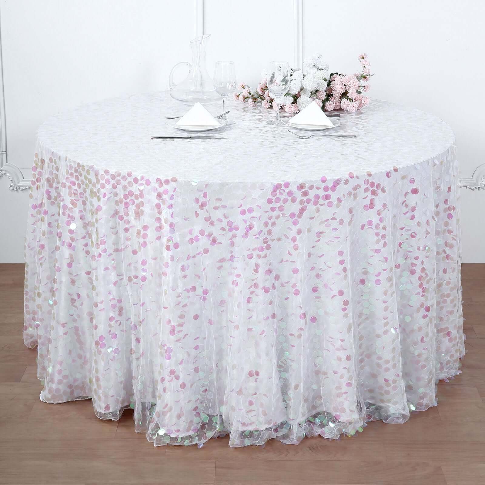 120" Iridescent Seamless Big Payette Sequin Round Tablecloth Collection for 5 Foot Table With Floor-Length Drop