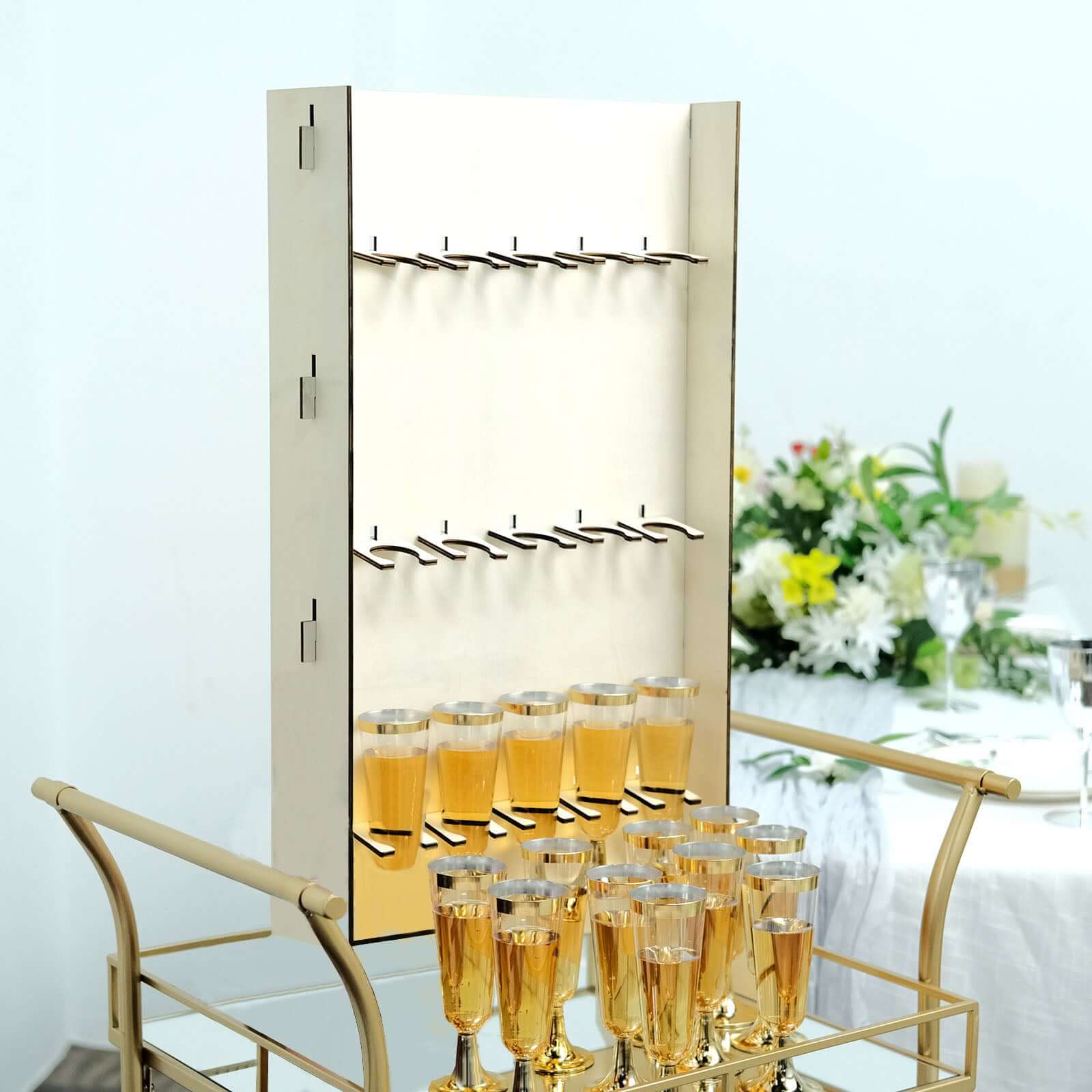 3-Tier Wooden Rectangle Champagne Wall Glass Holder in White - Floor Standing 15 Stemware Rack Cocktail Display Drink Organizer for Rustic Events & Banquets