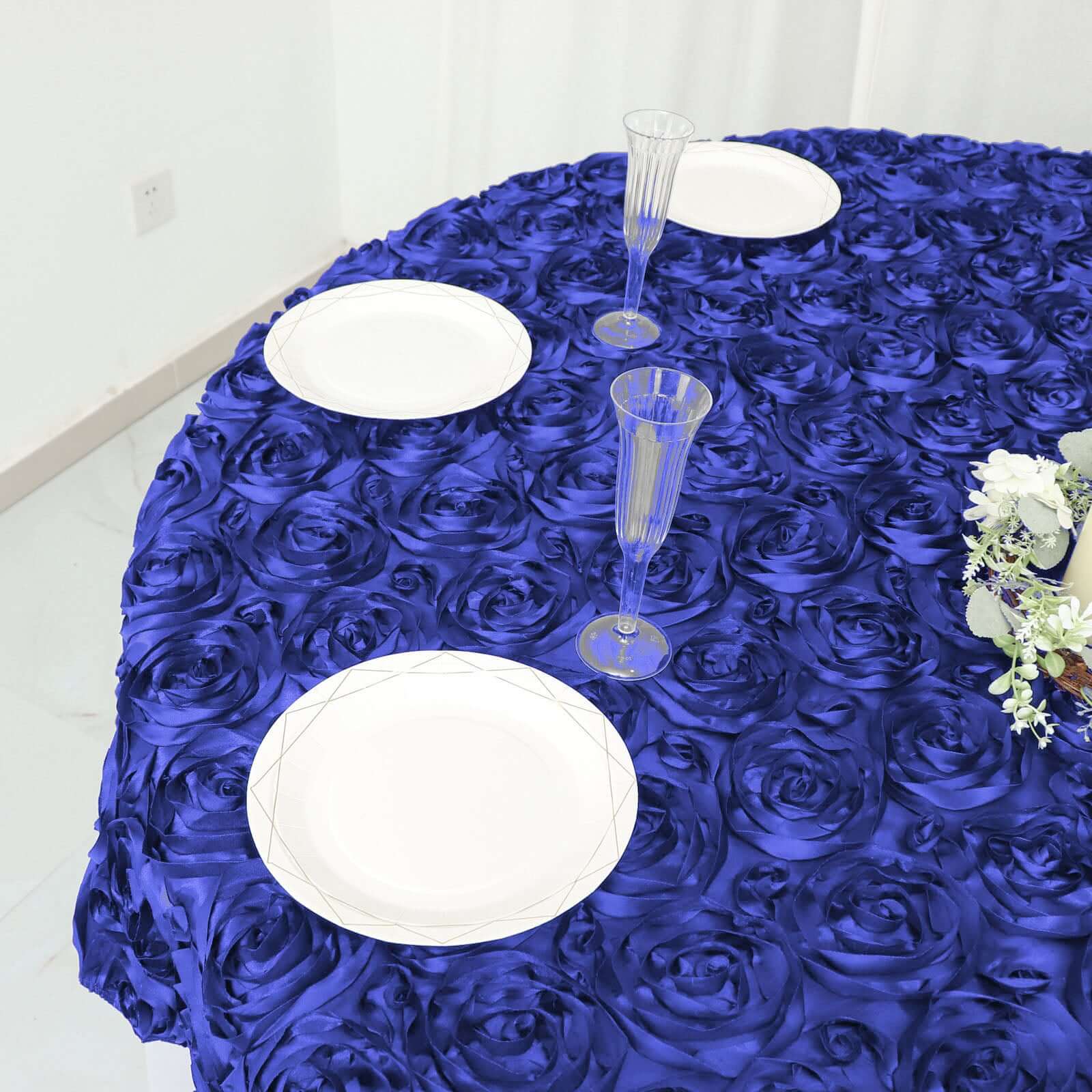 Satin 72"x72" Table Overlay Square Tablecloth Royal Blue - 3D Rosette Table Cover