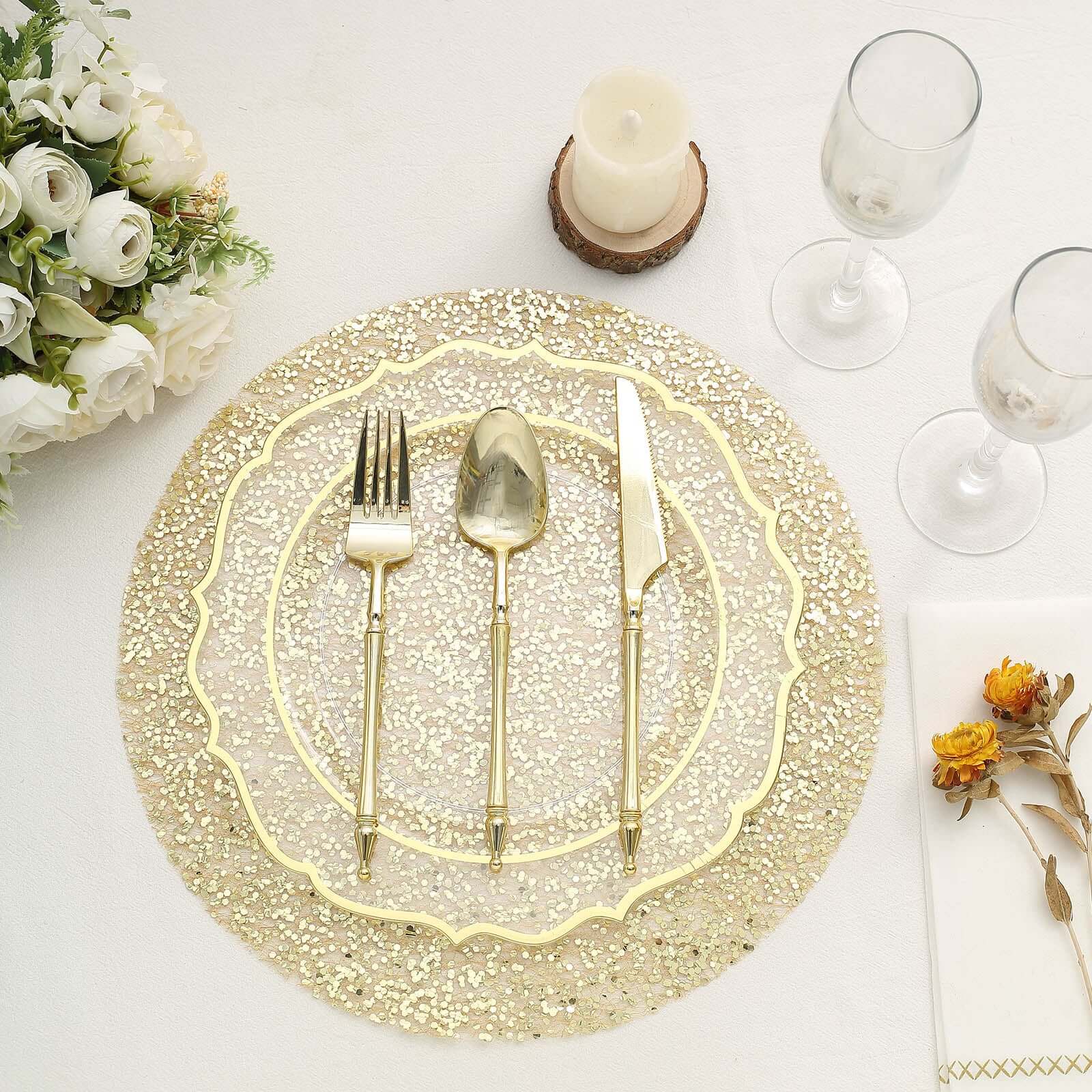 10-Pack Table Placemats Sequin Design Metallic Gold Round - Mesh Disposable Dust-Free Dining Mats 13"