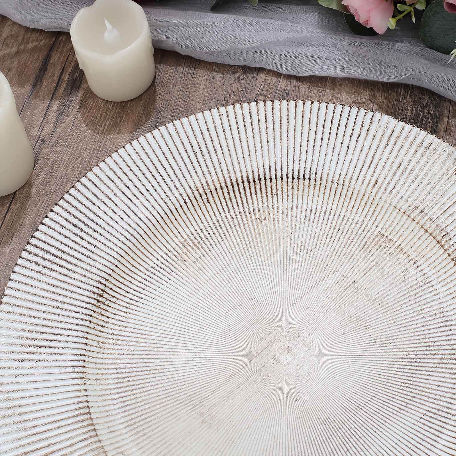 6-Pack Faux Wood Round Charger Plates 13" White Washed with Embossed Sunray Pattern, Chic Plastic Decorative Chargers