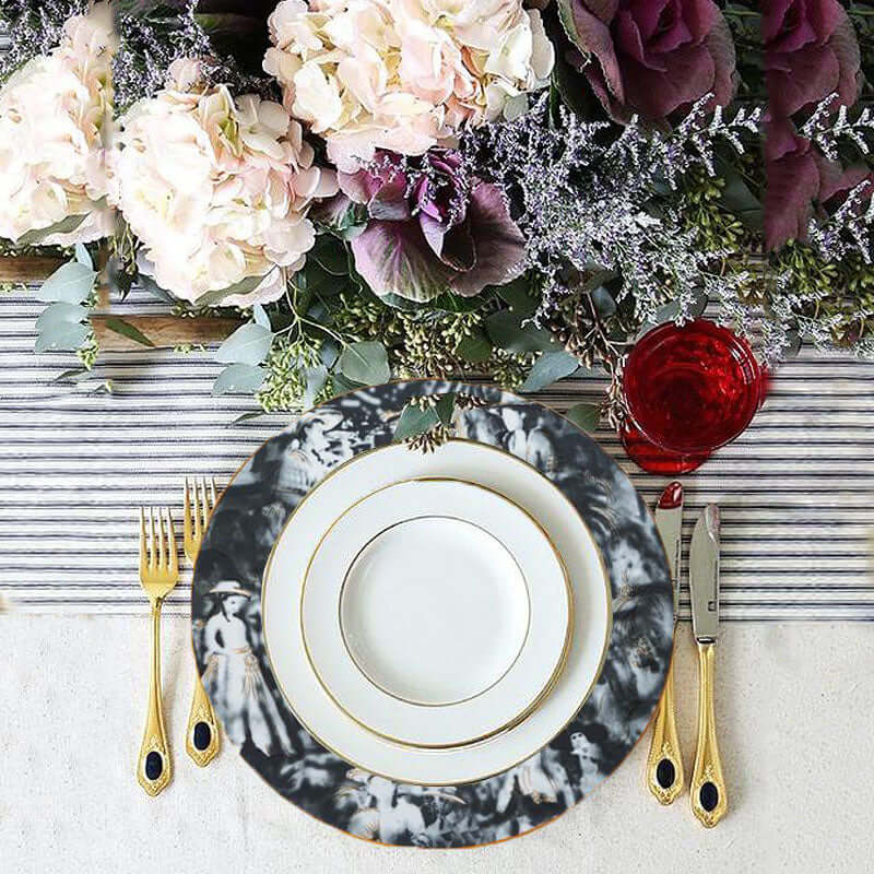 12-Pack Porcelain Dinner Plates White/Black Break Resistant - Durable Microwave Safe Plates with Art Nouveau Rim 11"