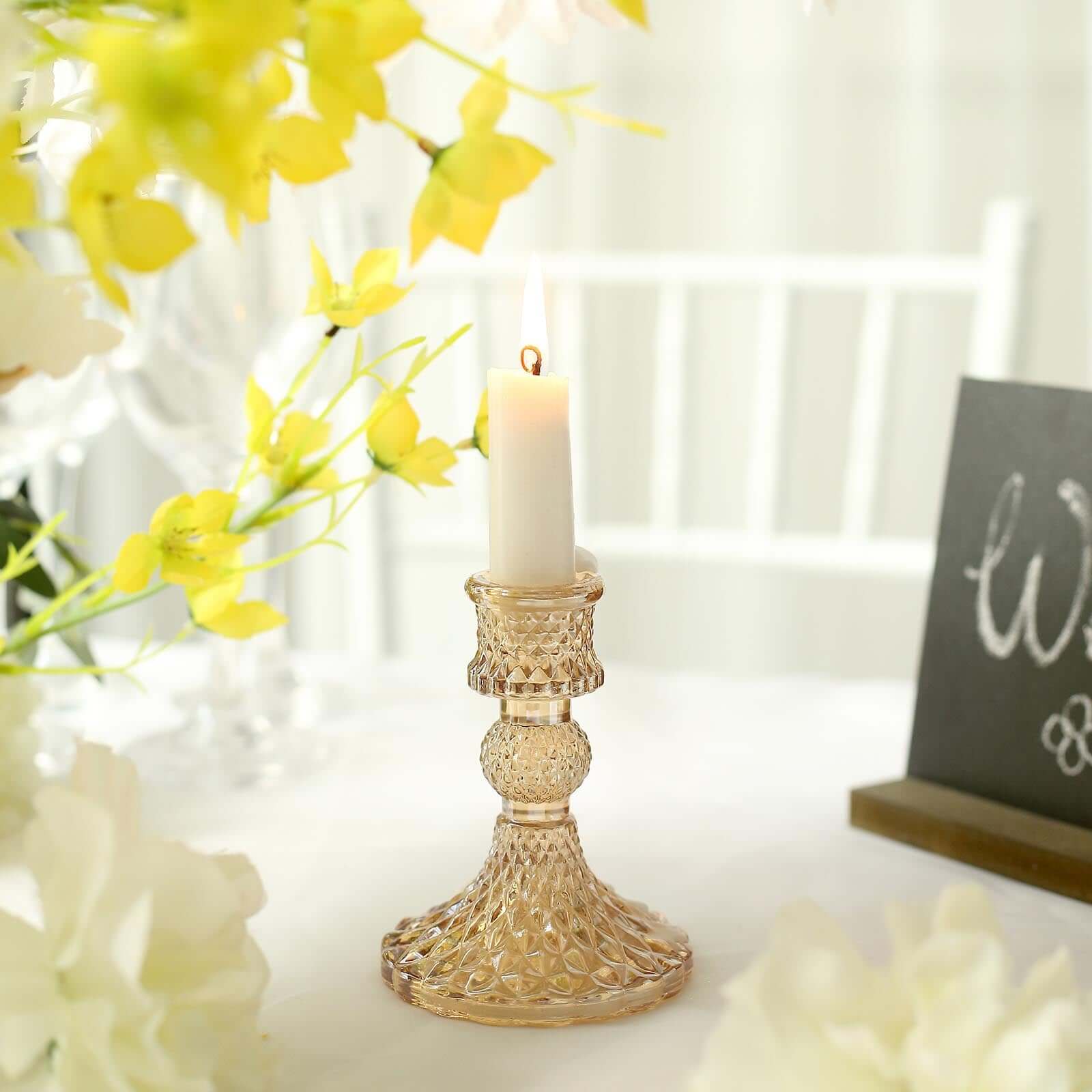 6-Pack Glass Taper Candlestick Holders Diamond Pattern Design Amber Gold - Reversible Crystal Pillar Votive Stands 4"
