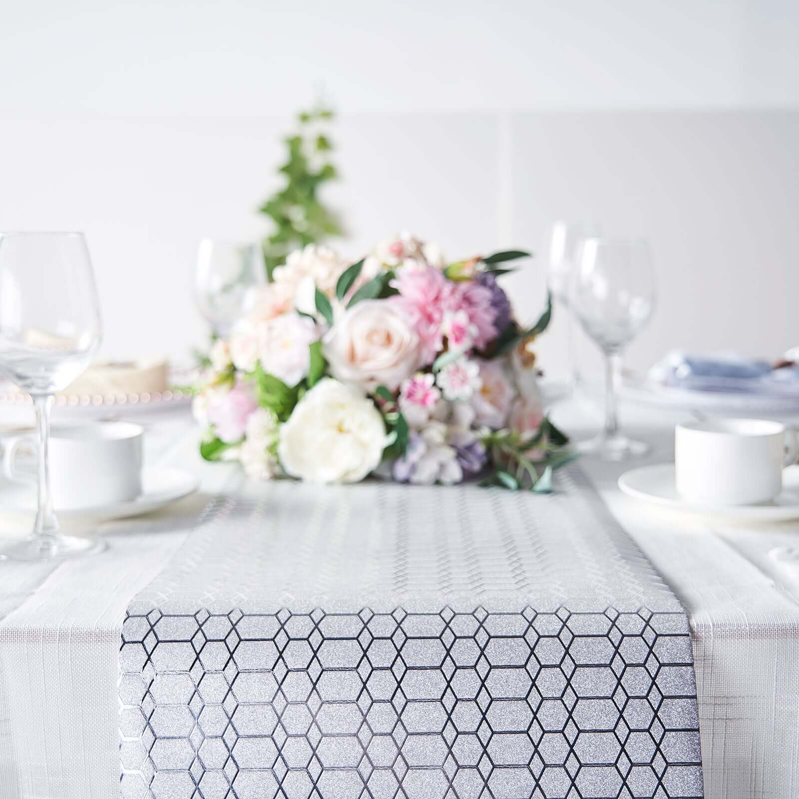 Glitter Paper 9ft Table Runner Roll Silver Disposable Geometric Honeycomb Pattern Table Decor