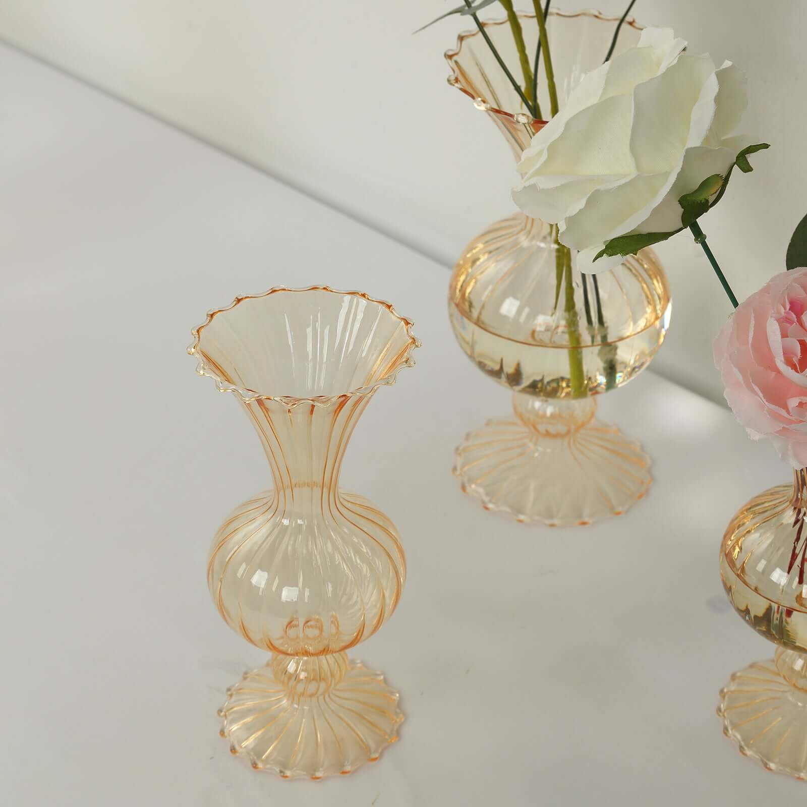 Set of 4 Glass Flower Vases Nordic Style with Petals Texture Amber Gold - Transparent Bud Planters for Wedding Table Decor 7", 9"