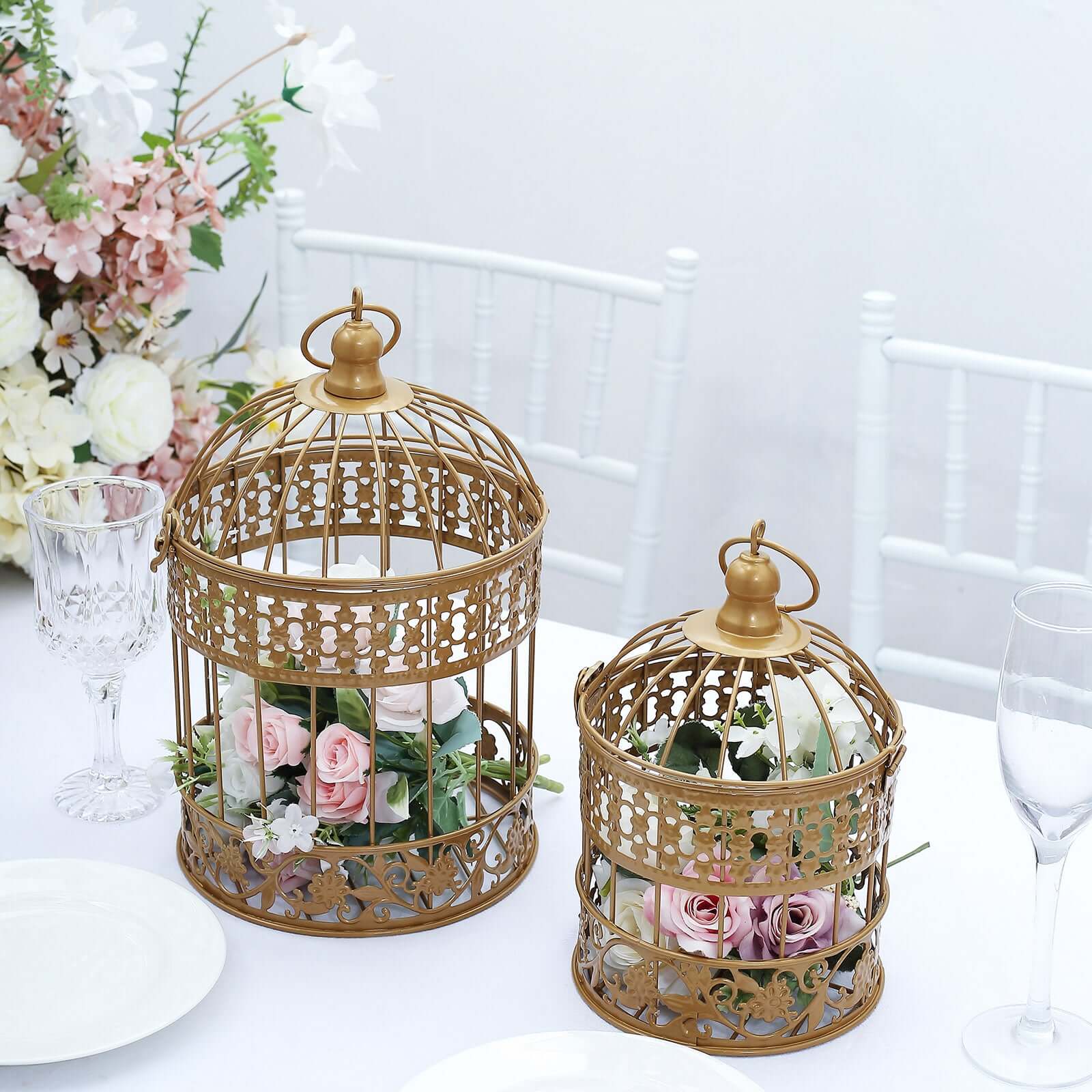 Set of 2 Card Holders Wrought Iron Bird Cage Design Metallic Gold - Decorative Display Stand 9"/13"