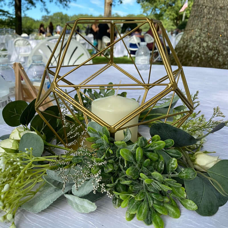 Tealight Candle Holder Gold Metal Pentagon Prism Geometric Open Frame - Flower Stand 7"