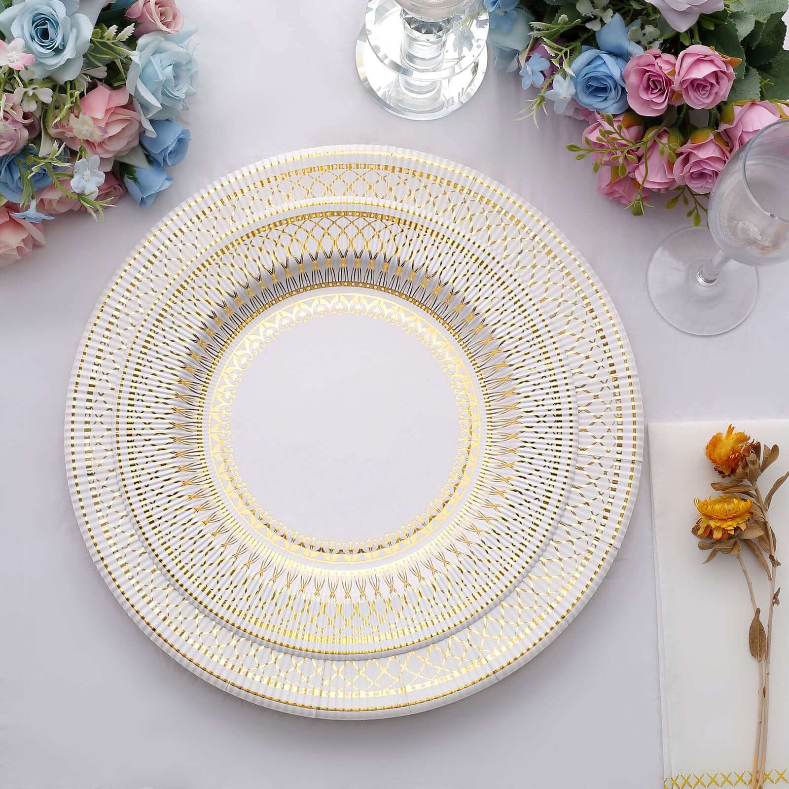 25-Pack Disposable Round Charger Plates in White/Gold Vintage Style - 350GSM Durable Paper Chargers for Events 13"