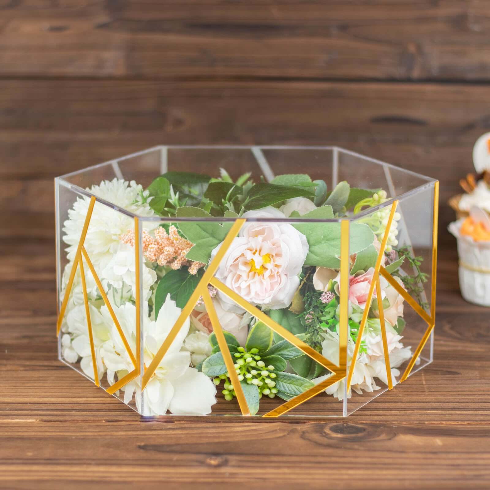 Acrylic Cake Stand Pedestal Riser Box Hexagonal Design Clear and Gold 10"x5" - Decorative Event Display