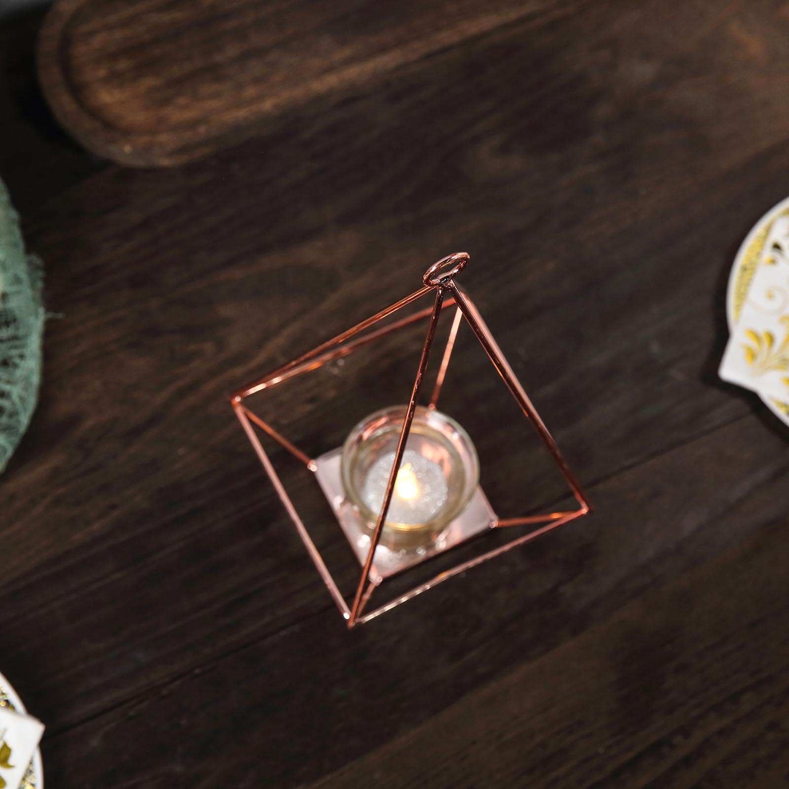 2-Pack Tealight Candle Holders Rose Gold Metal Pyramid Geometric Open Frame - Flower Stand 9"