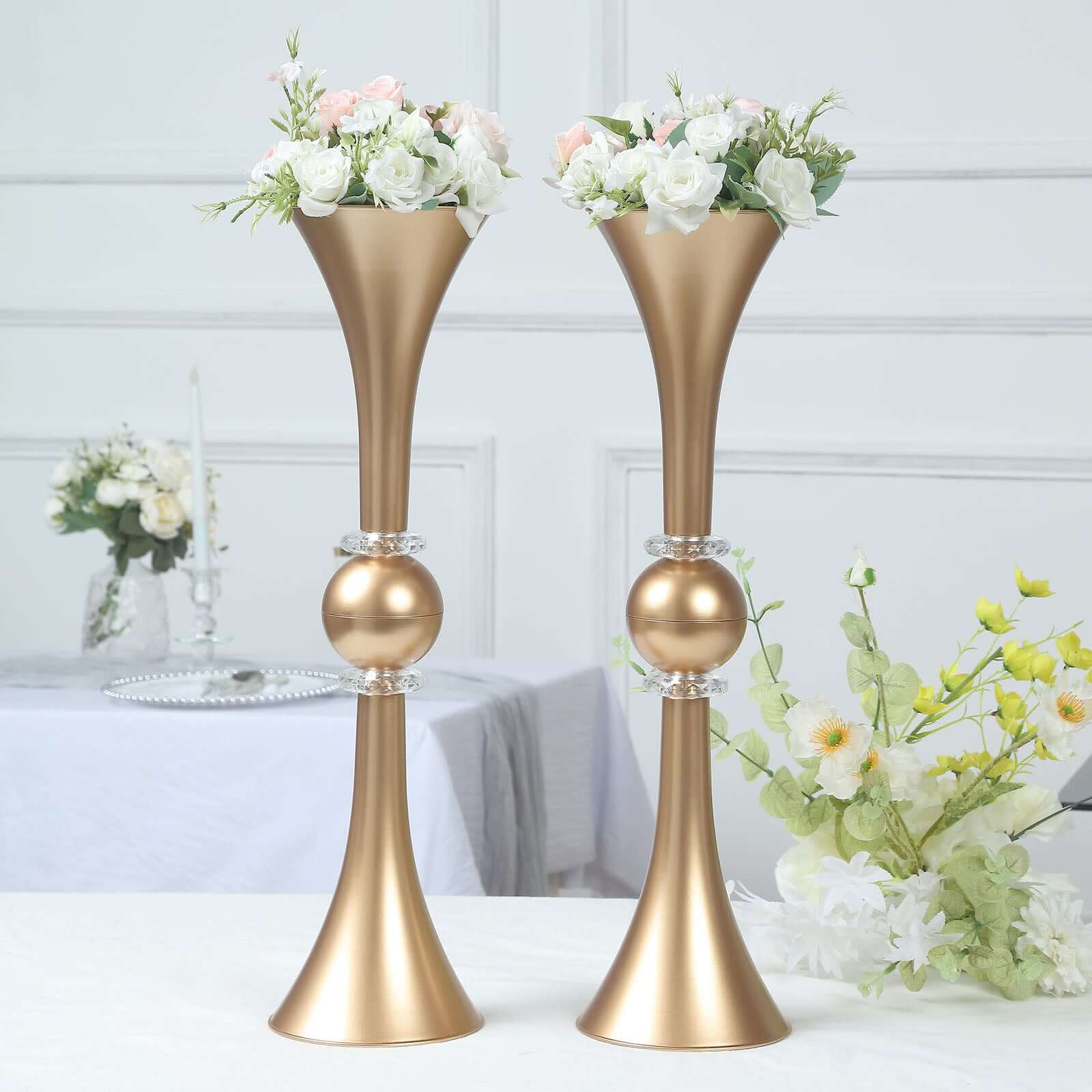 2-Pack Flower Vases Trumpet Design with Crystal Embellishments Gold - Reversible Plastic Table Centerpieces 21"