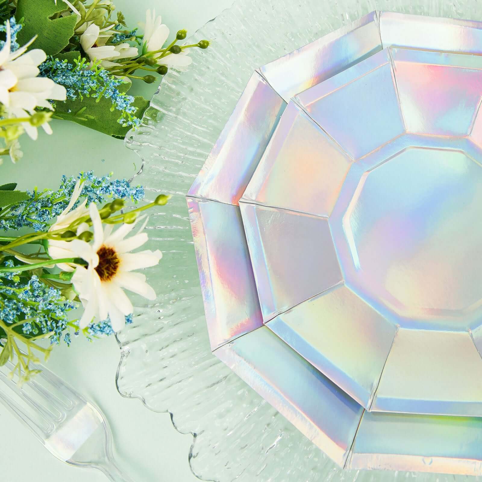 25-Pack Paper 9" Decagon Dinner Plates in Iridescent - Disposable Geometric Party Plates for Disco & Space Themed Events