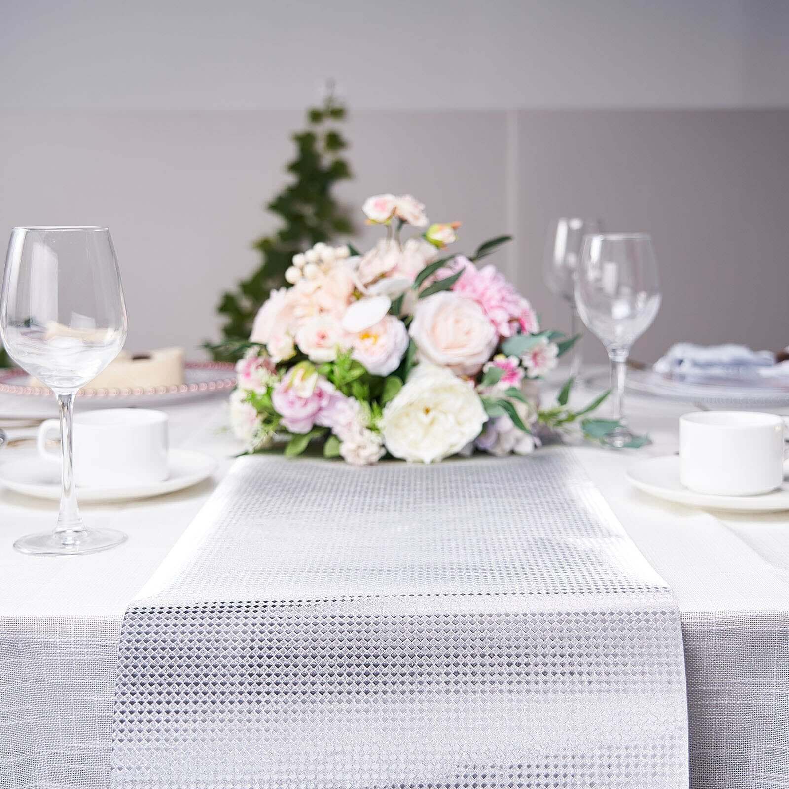 Glitter Paper 9ft Table Runner Roll Silver Disposable Diamond Pattern Table Decor