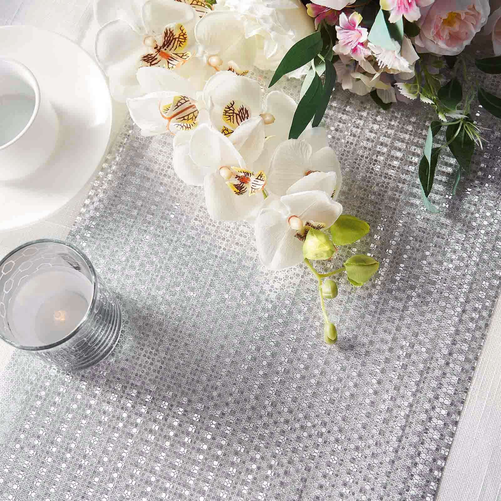 9ft Silver Glamorous Sequin Print Table Runner, Disposable Paper Table Runner