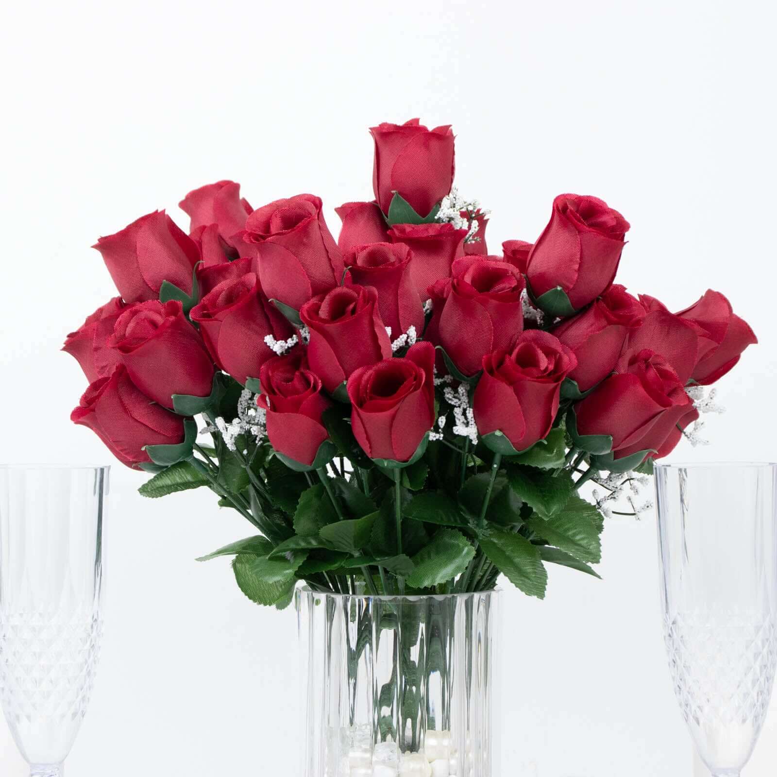 12 Bushes Burgundy Artificial Premium Silk Flower Rose Bud Bouquets