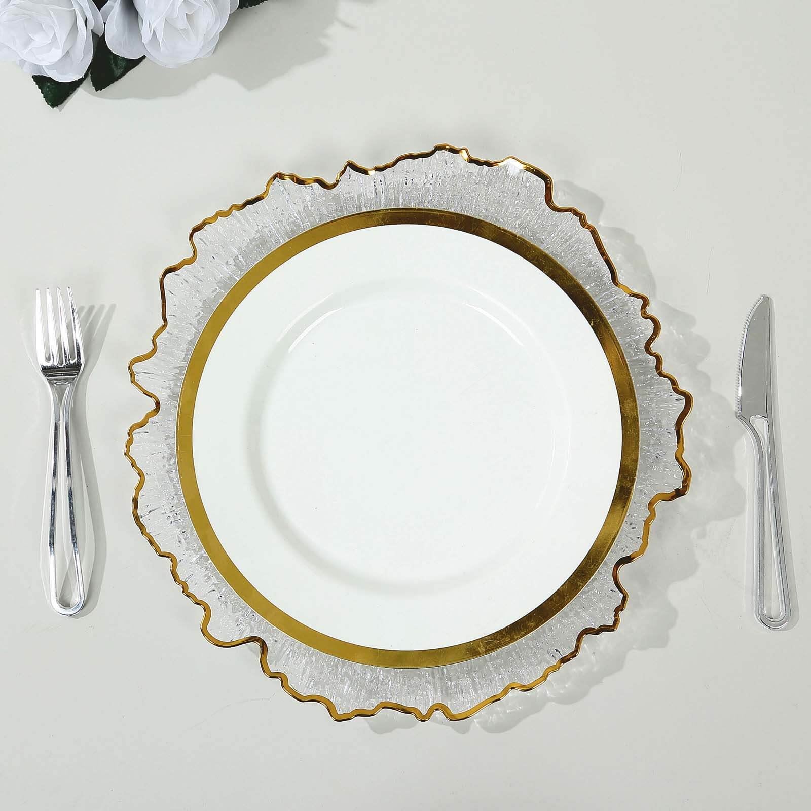 6-Pack Plastic Round Charger Plates 12" in Clear Reef Design with Gold Rim, Decorative Dinner Party Serving Plates