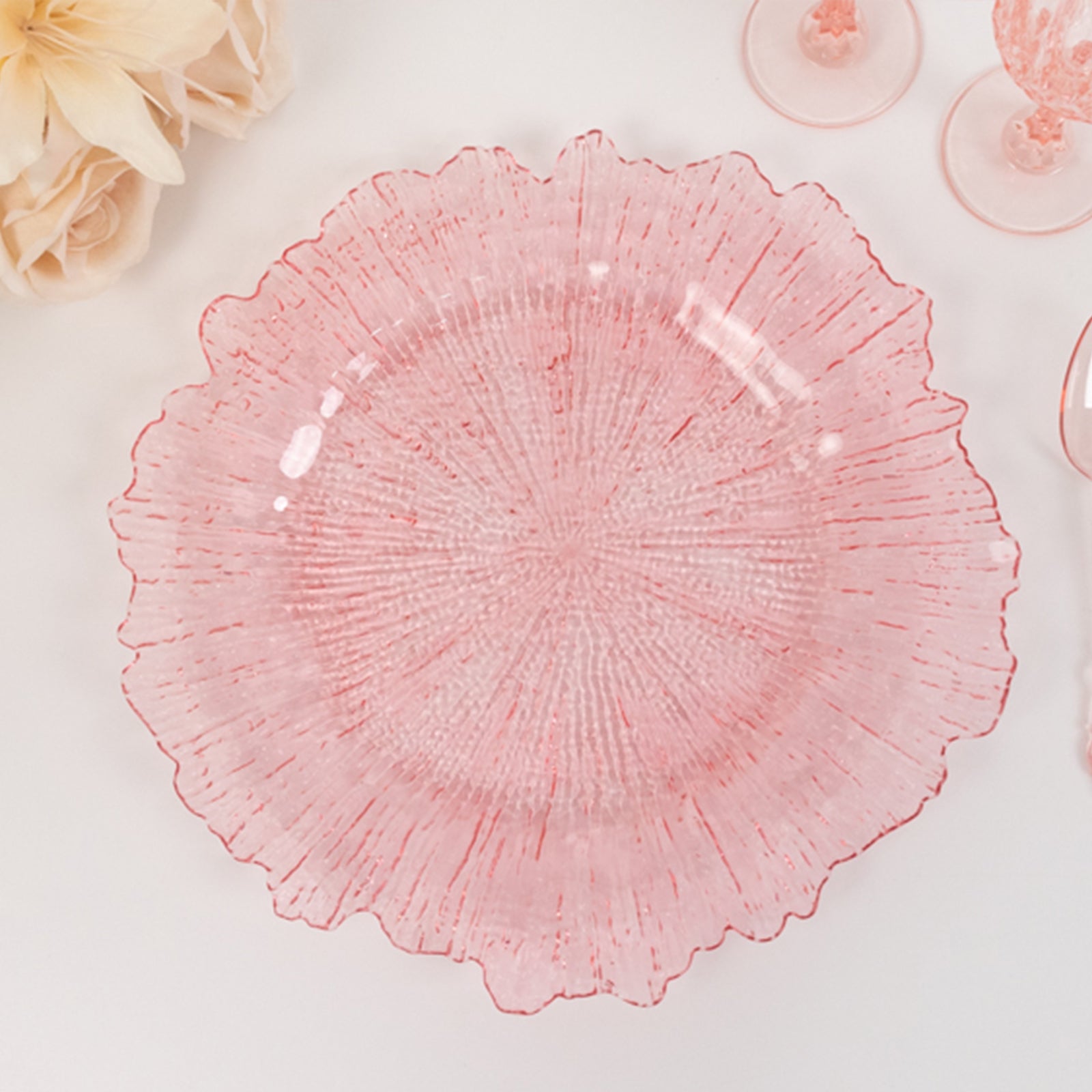 6-Pack Acrylic Plastic Round Charger Plates 13" in Transparent Blush with Reef Design, Dinner Charger Tableware
