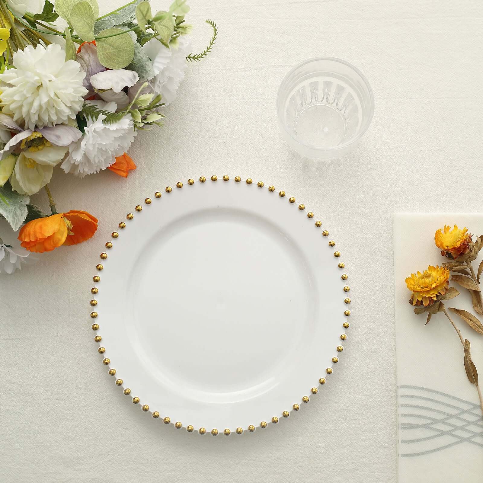 10-Pack White Plastic Dessert Plates – 8" Round with Gold Beaded Rim, Disposable for Parties & Events