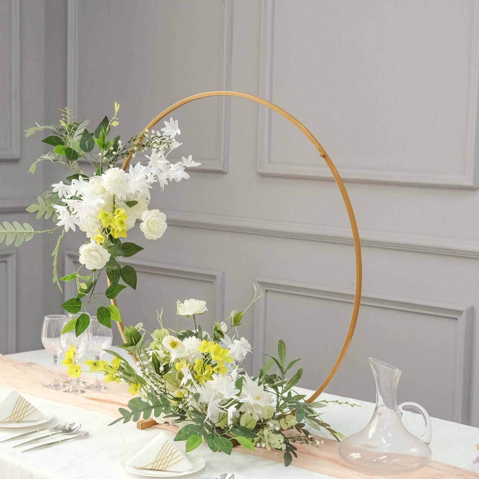 32" Gold Metal Round Hoop Wedding Centerpiece, Self Standing Table Floral Wreath Frame