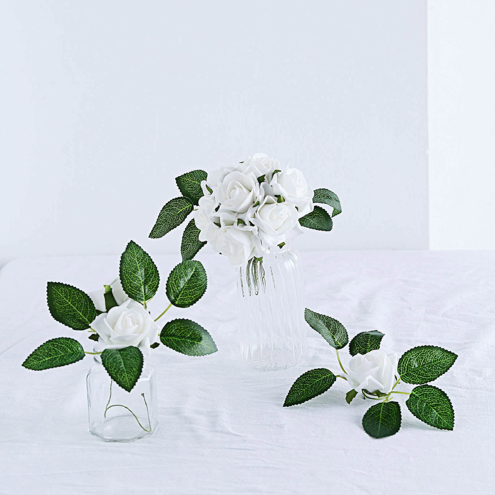 24 Roses 2" White Artificial Foam Flowers With Stem Wire and Leaves