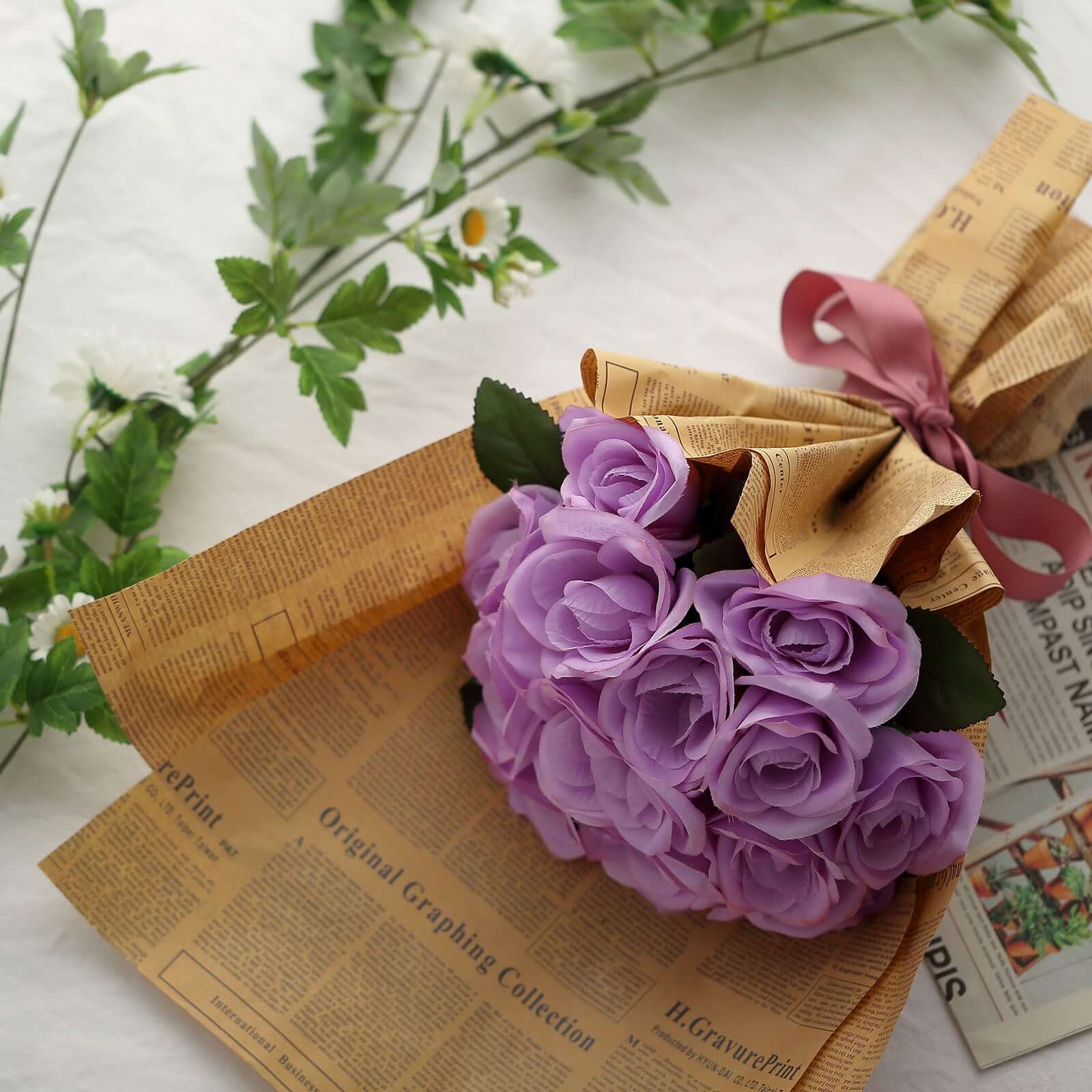 12" Lavender Lilac Artificial Velvet-Like Fabric Rose Flower Bouquet Bush