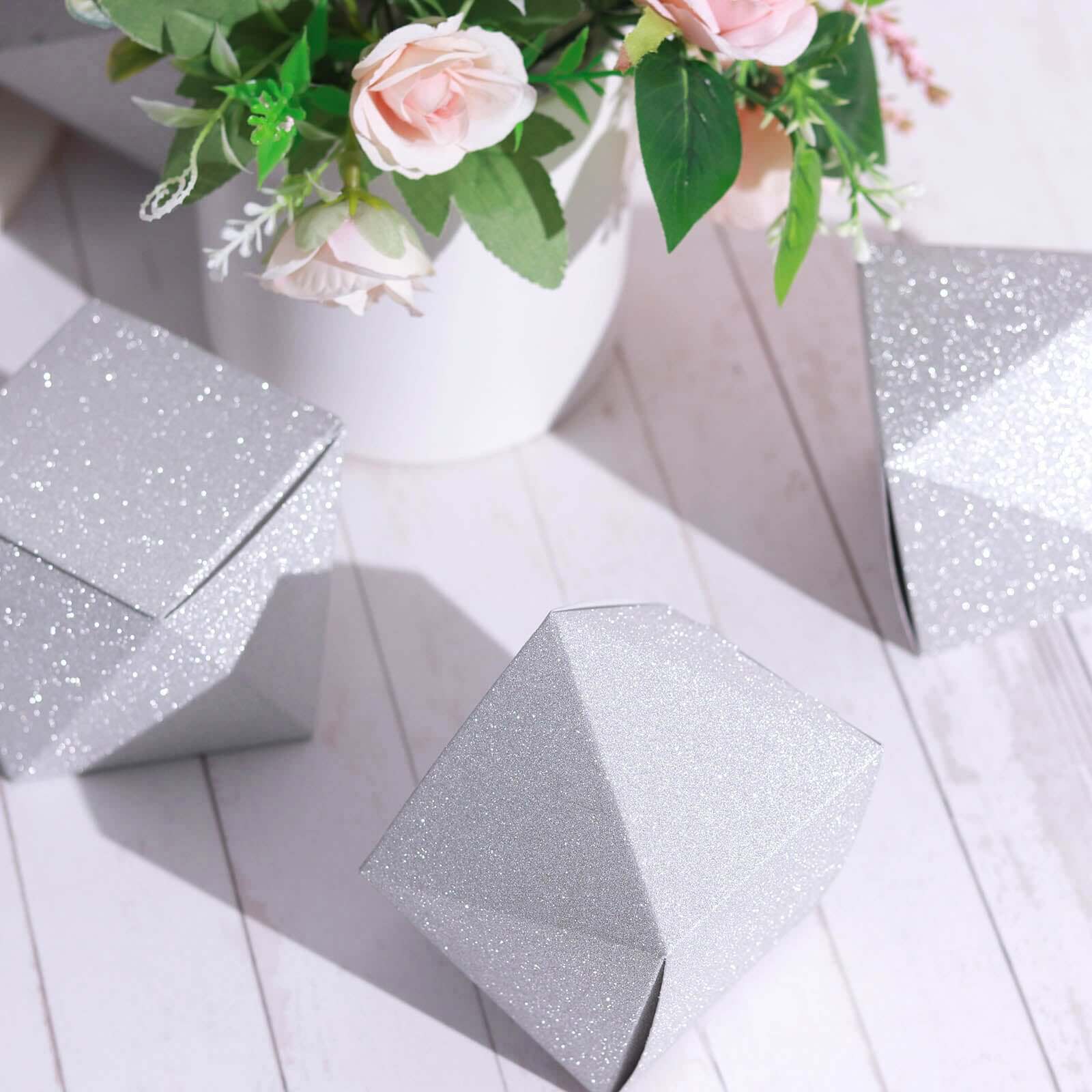 25 Pack 3"x4" DIY Silver Glittered Geometric Wedding Favor Gift Box